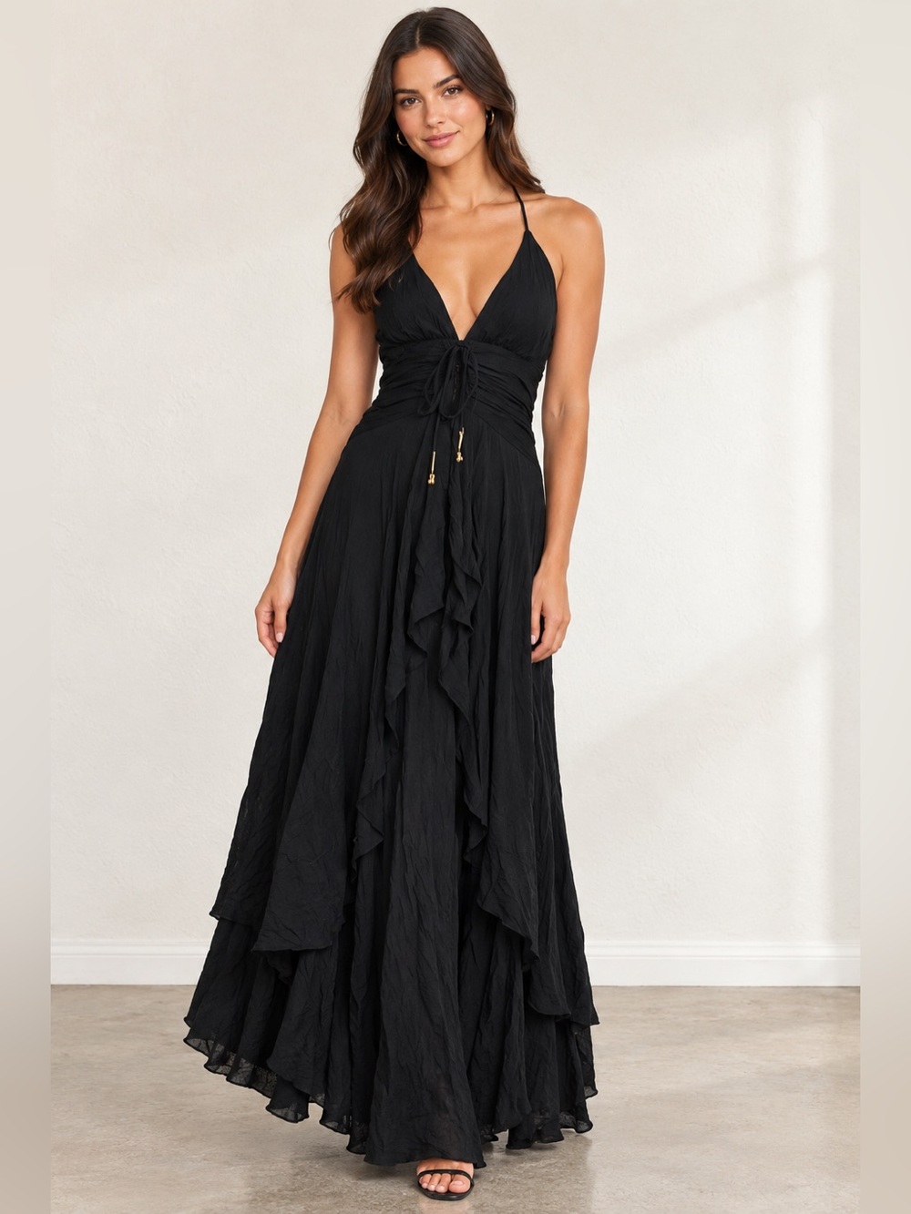 Free People Black Halter Maxi Dress XS Open Back Tiered High Low Boho